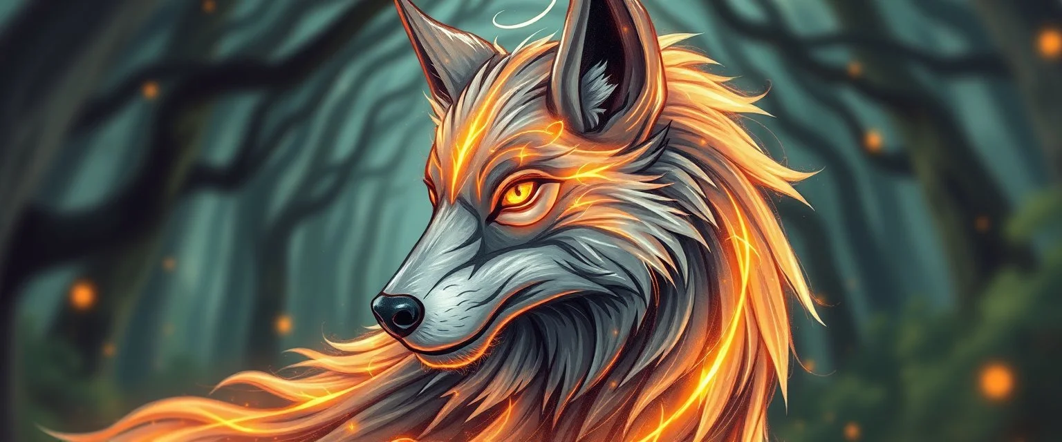 airbrush and pen outline, cartoon with background as motion blurred forest twisted like a zoomed tunnel, blink wolf close up portrait of a plasma racoon fox horse king lama shape shifter flickers like hypnotic fire in geometric shapes like a dna swirl of time and a fearsome planeswalker covered in powerful runes