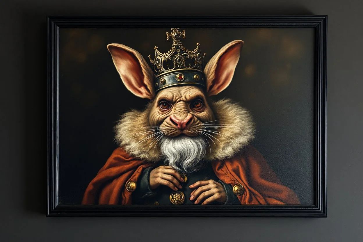 king troll mouse rabbit in style of Rembrandt and Fallout 4, with motion blur, all on a painting on wall with black wooden frame and with black wall background