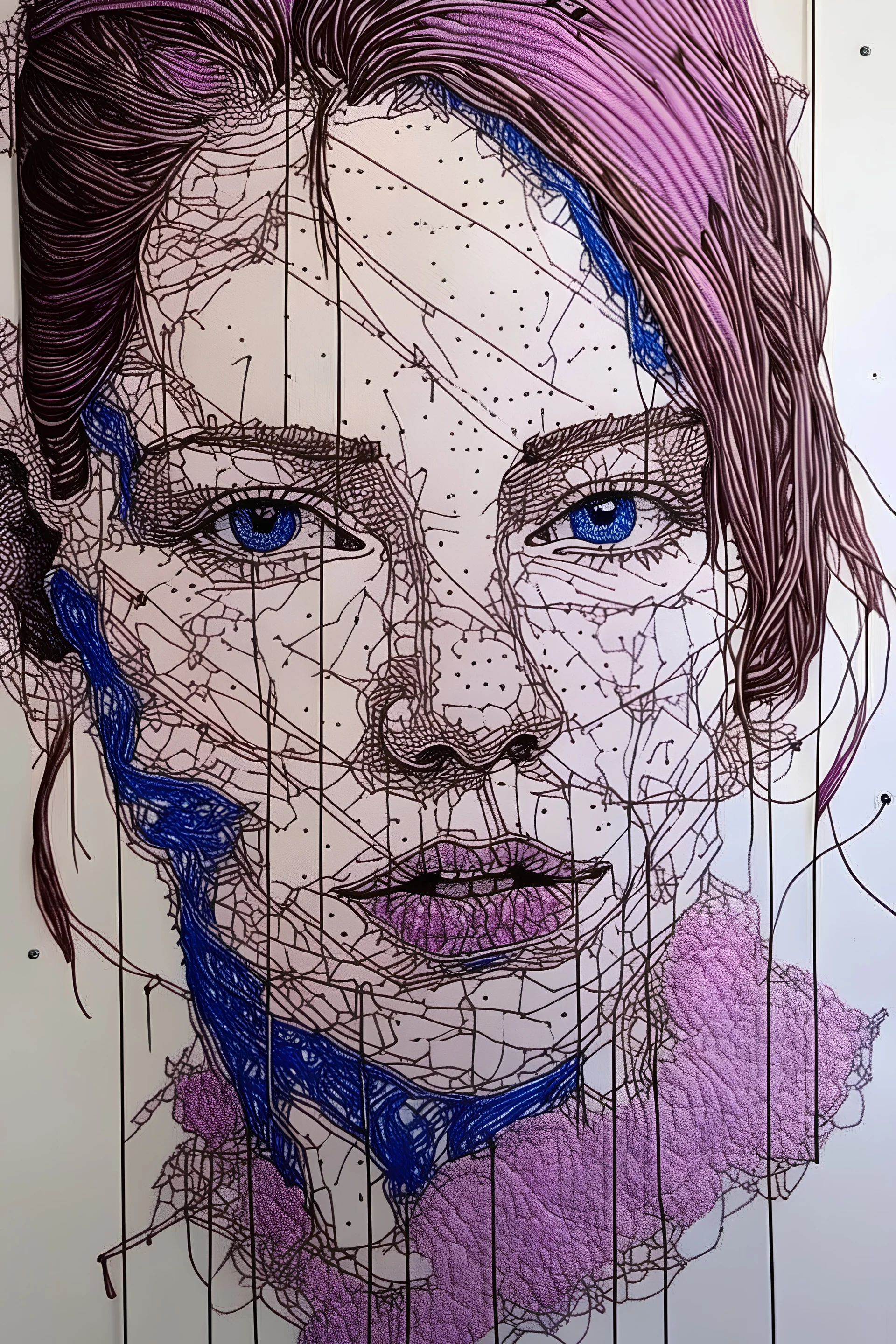 the painting is embroidered with threads on the fabric, Embroidery with lace, art in simple ways, triptych minimal art face portrait, comics in 1970s style in comics book, unreal animals, problems and chaos, but what can I do, portrait, beautiful life but strong sometimes, magenta and blue, violet and white pastel colors, minimal details, in the art style of Japanese vintage 80's, purple tone, bold color palette, gouache, melancholic, ethereal, in the colorful series features various shapes, whi