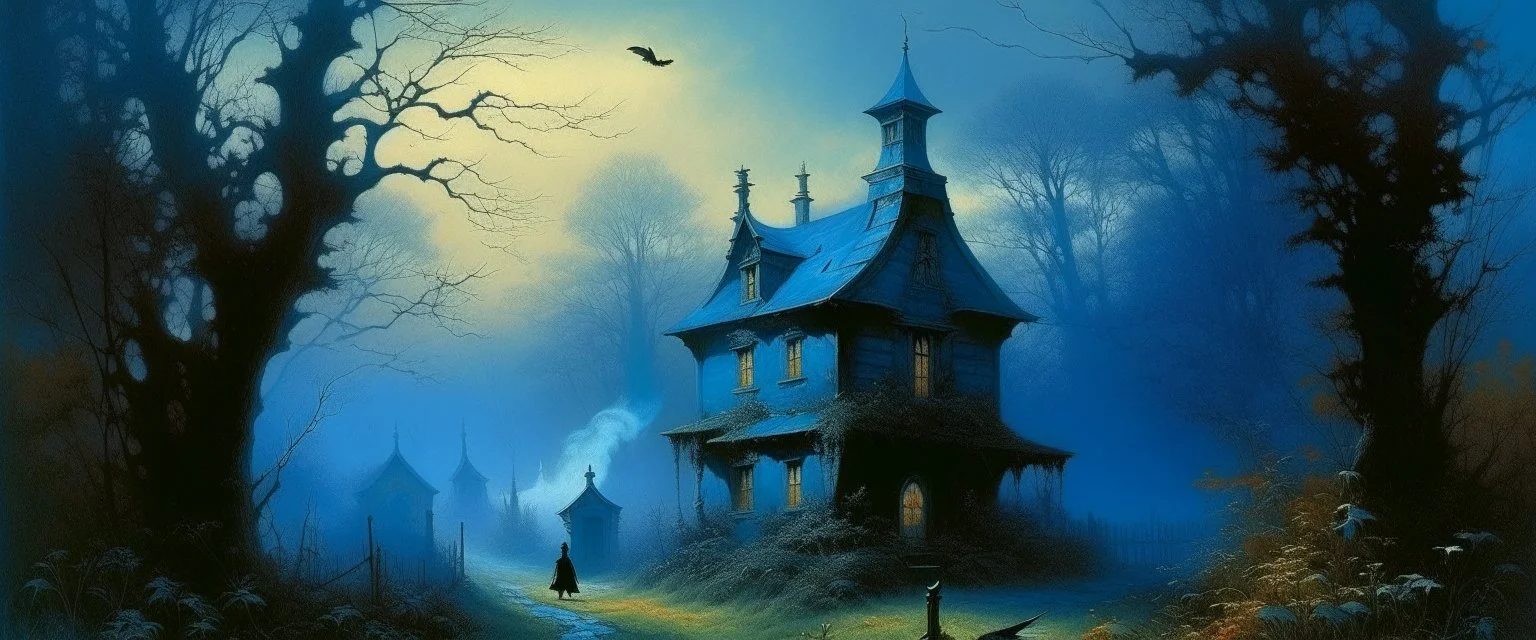 A blackish blue tricky witch's cottage painted by Ivan Aivazovsky