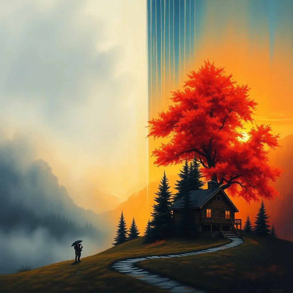 A cinematic, atmospheric oil painting landscape split between cool misty blue-gray tones on the left and warm golden-orange sunset hues on the right. A vibrant red tree glows on the right side like flames against a dramatic sky. Cascading vertical color streaks evoke a surreal waterfall effect. In the foreground, two small human figures walk side-by-side under a shared umbrella on a winding path, conveying intimacy and warmth. A rustic wooden cabin nestled among dark evergreen trees anchors the