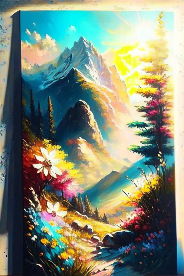 full light,highlight, trees, hill, day, sun day, an idyliic mountains with bright colorful flowers, mountains, sun,flower, paradise, on a canvas. realistic art, brush, pencil, detailed