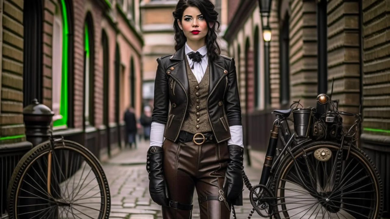 full-height portrait of a woman with straight shoulder-length black hair, with metal arms and legs, dressed in leather trousers, and a waistcoat, in a Victorian street next to a steampunk bike