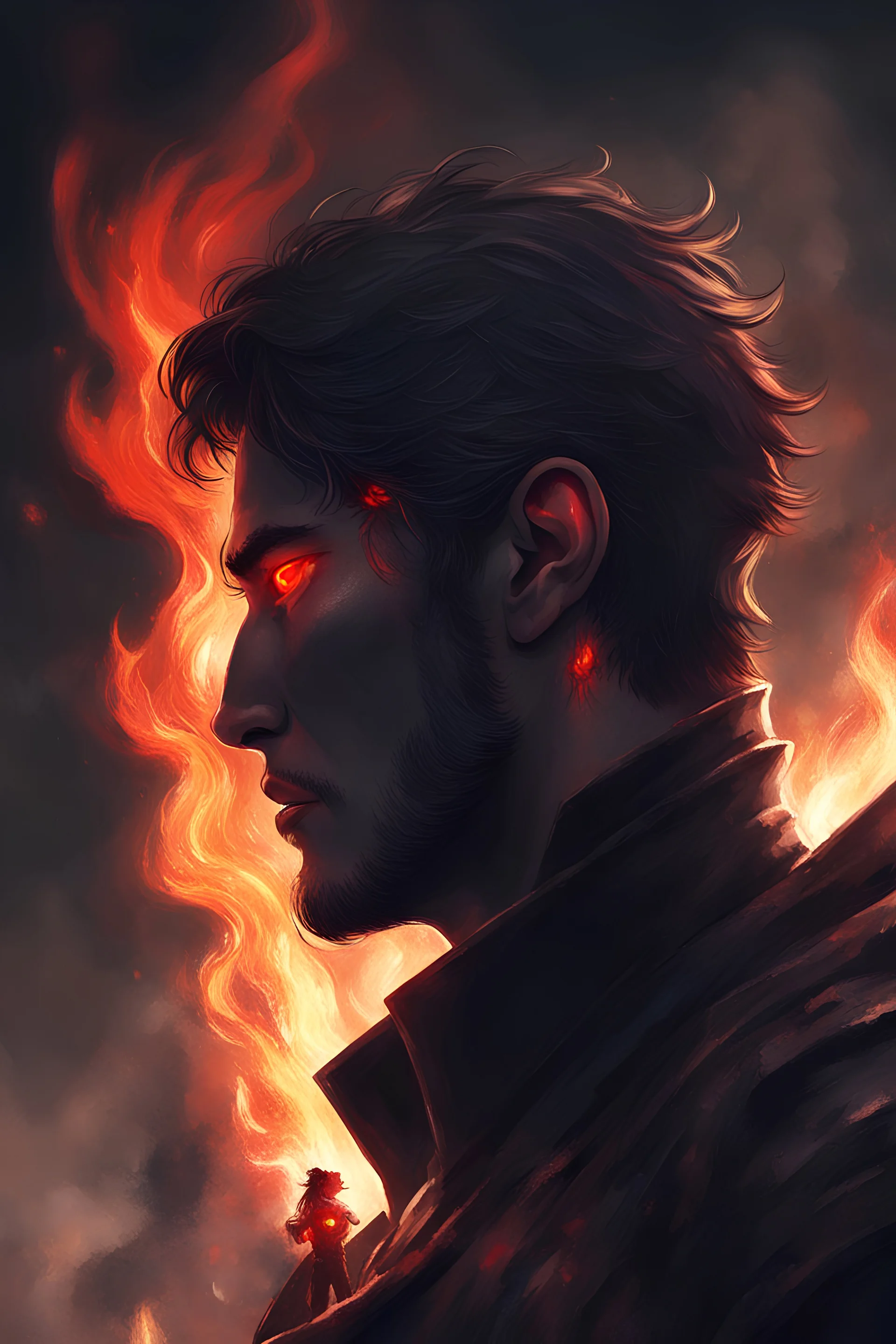 a side profile of a dark hero with red eyes staring into a fire that once was something that mattered to him