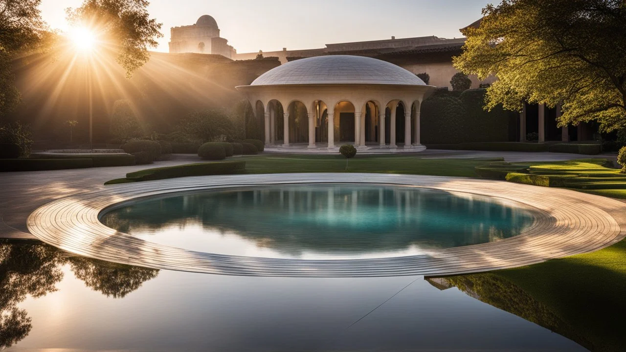 614, delightful, sensitive, confident, parabolic water feature with cusps, delicate, sunrise, architecture, award-winning photograph, beautiful composition, filled with beautiful detail, delicate colour, chiaroscuro