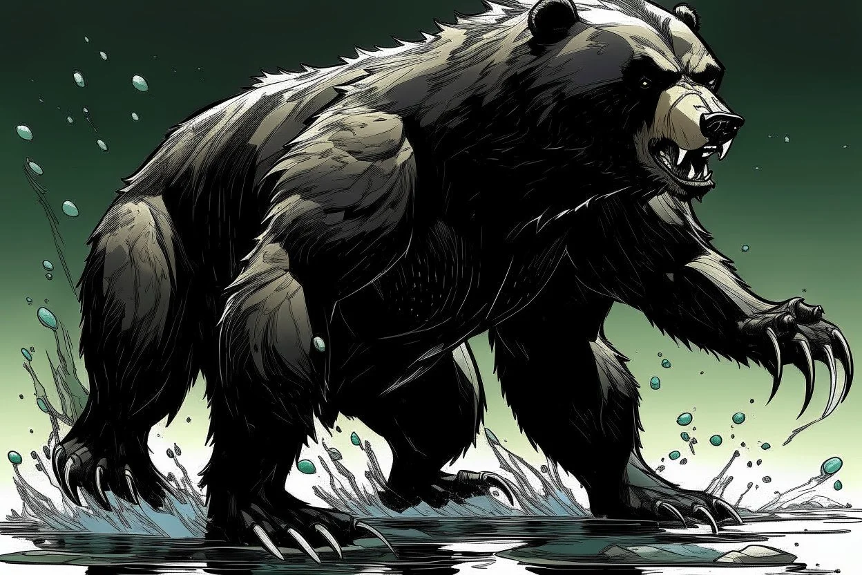 Bear, black liquid, full body, attacking, profile ,comic book, gray background,