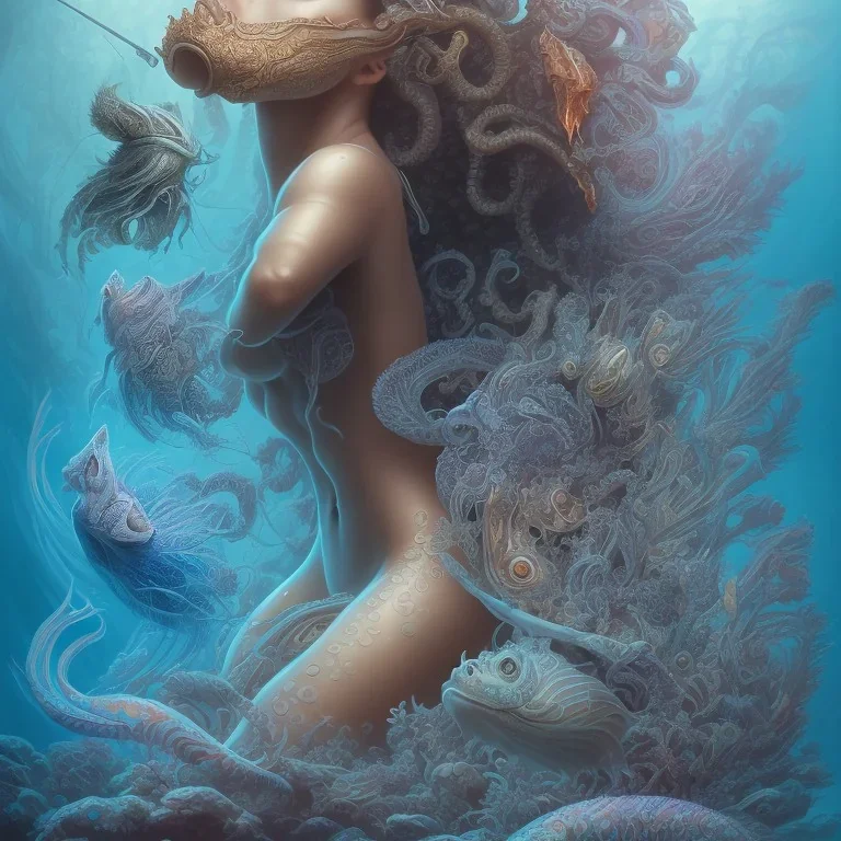 sango fantasy, fantasy magic, intricate, sharp focus, illustration, highly detailed, digital painting, concept art, matte, artgerm and paul lewin and kehinde wiley, masterpiece sexy lips Hawaiian afro lips black African lady body mermaid lionfish head blue space lady beach sea under water mermaid seaweed