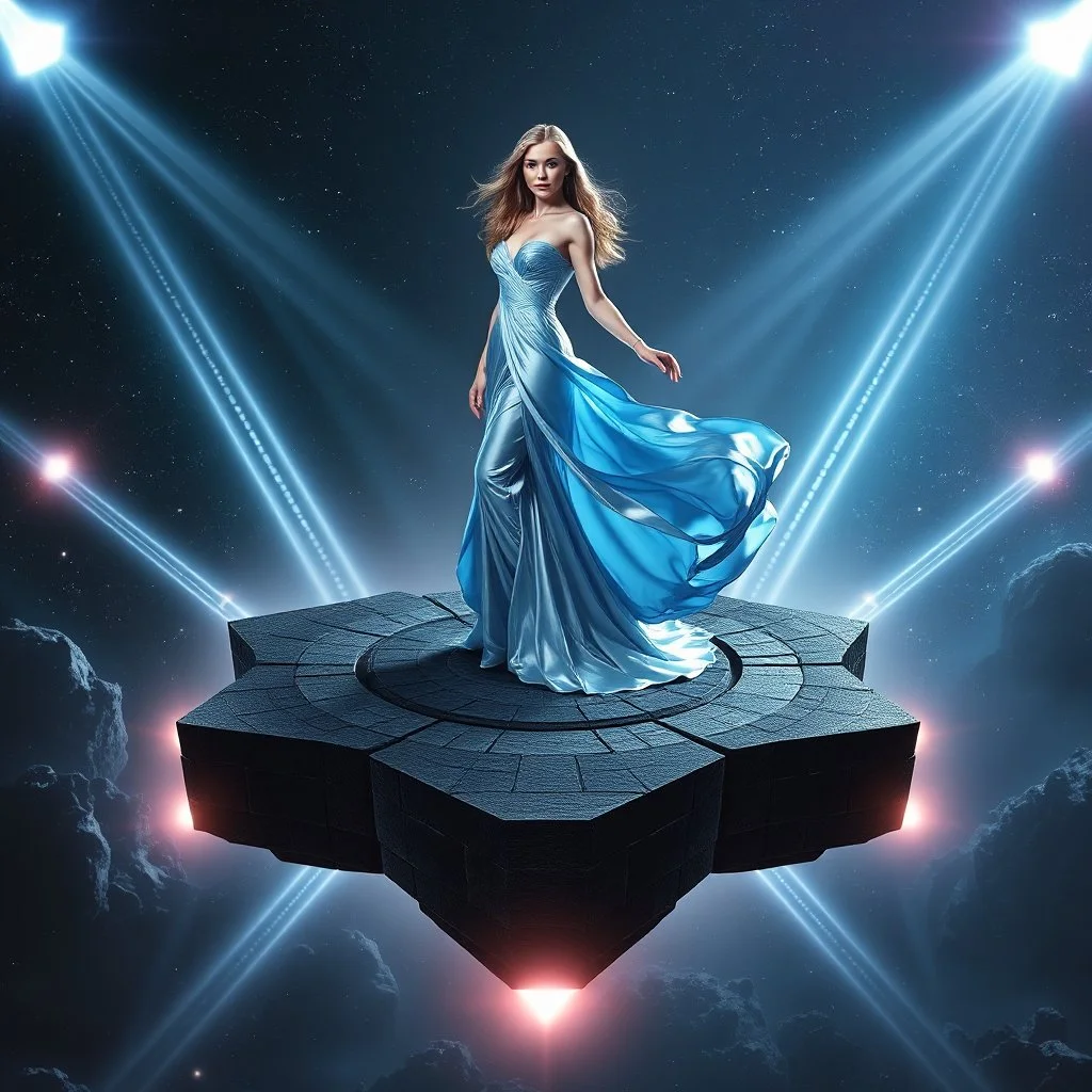 A breathtaking cosmic fantasy scene featuring a stunningly realistic beautiful woman with a perfect face and sculpted figure standing gracefully at the center of a floating geometric platform in deep space. She wears an elegant flowing gown in vibrant silver and blue hues that billow around her perfect form. The platform is constructed from dark cobblestone-like blocks arranged in a star shape. Surrounding her are magnificent CIFI towers like structures,satelights