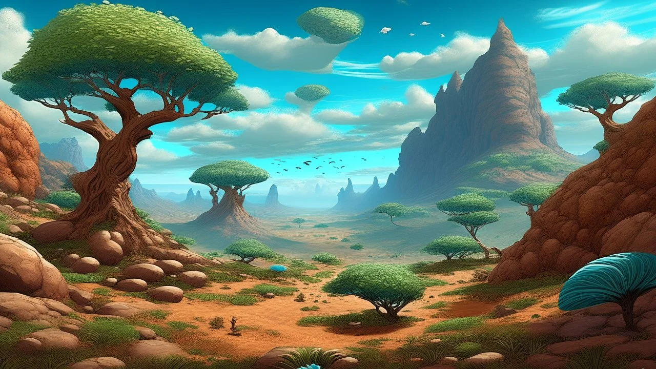 Create a surreal and otherworldly depiction of Socotra Island's unique ecosystem: Foreground: Gnarled and twisted dragon blood trees with umbrella-shaped canopies Mid-ground: Bulbous bottle trees and spiky desert roses dotting the landscape Background: Craggy limestone cliffs and plateaus rising from a turquoise sea Strange endemic insects crawling on tree bark Wisps of mist curling around tree branches Hints of ancient cave dwellings in distant cliffs A lone Socotran cormorant soaring overhead