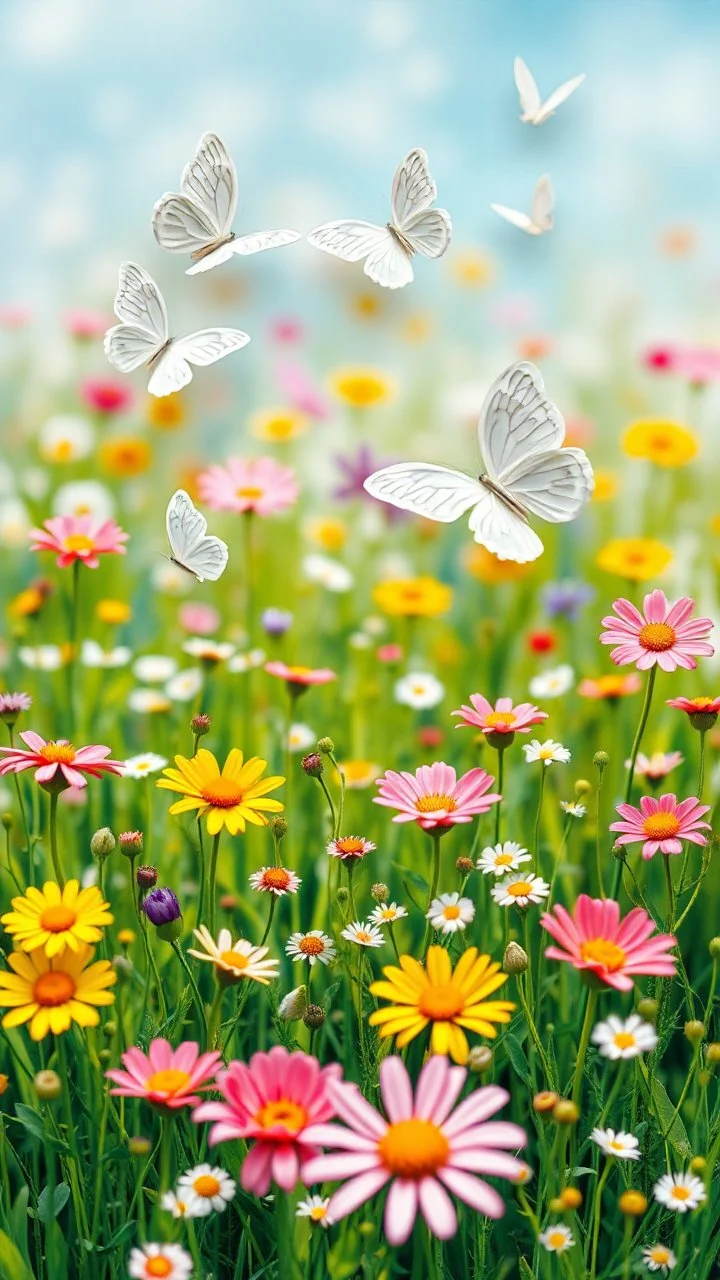 A picture field of flowers and white butterflies made of a plastic painting with colors that express joy 8k