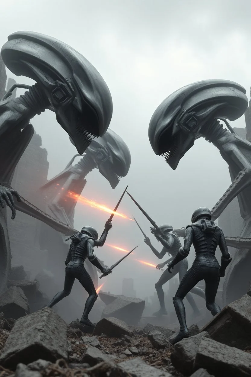 Aliens vs humans fight around metal epic Echo of Ruins , all grey pictures