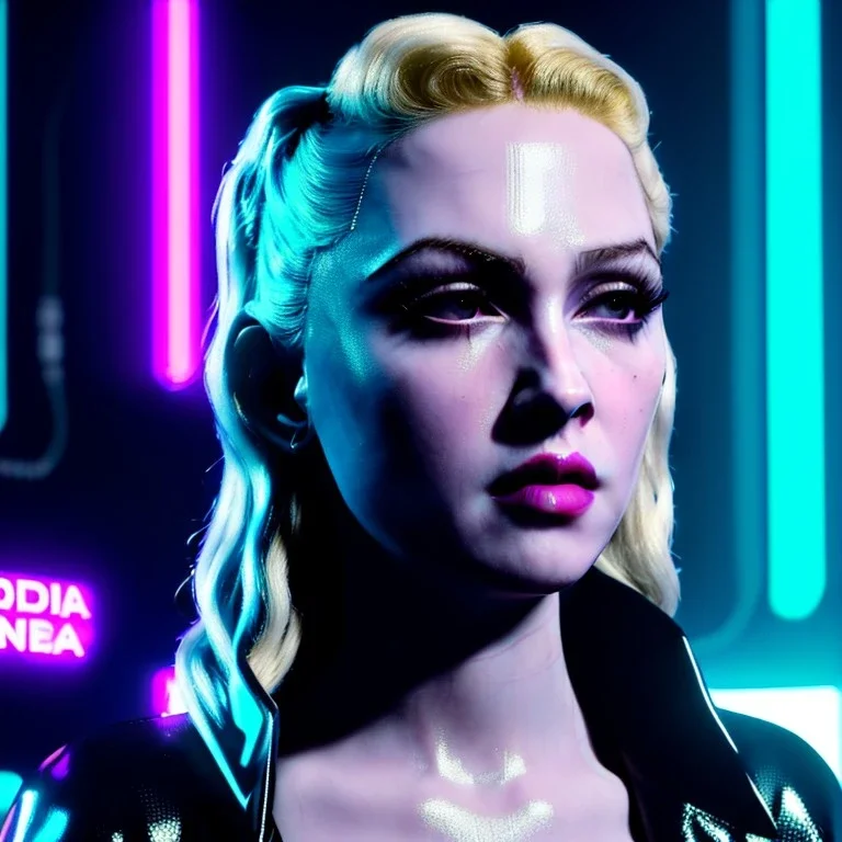 Actress, young madonna, blonde replicant woman, blade runner style, rain, fog, neon ambient, gradient color, clean skin, circuits, latex coat, cyber punk, neon, tubes, portrait, studio photo, unreal engine 5, smooth color, 16 bit, god lights, ray tracing, RTX, lumen lighting, ultra deatail, volumetric lighting, 3d, finely drawn, hd.