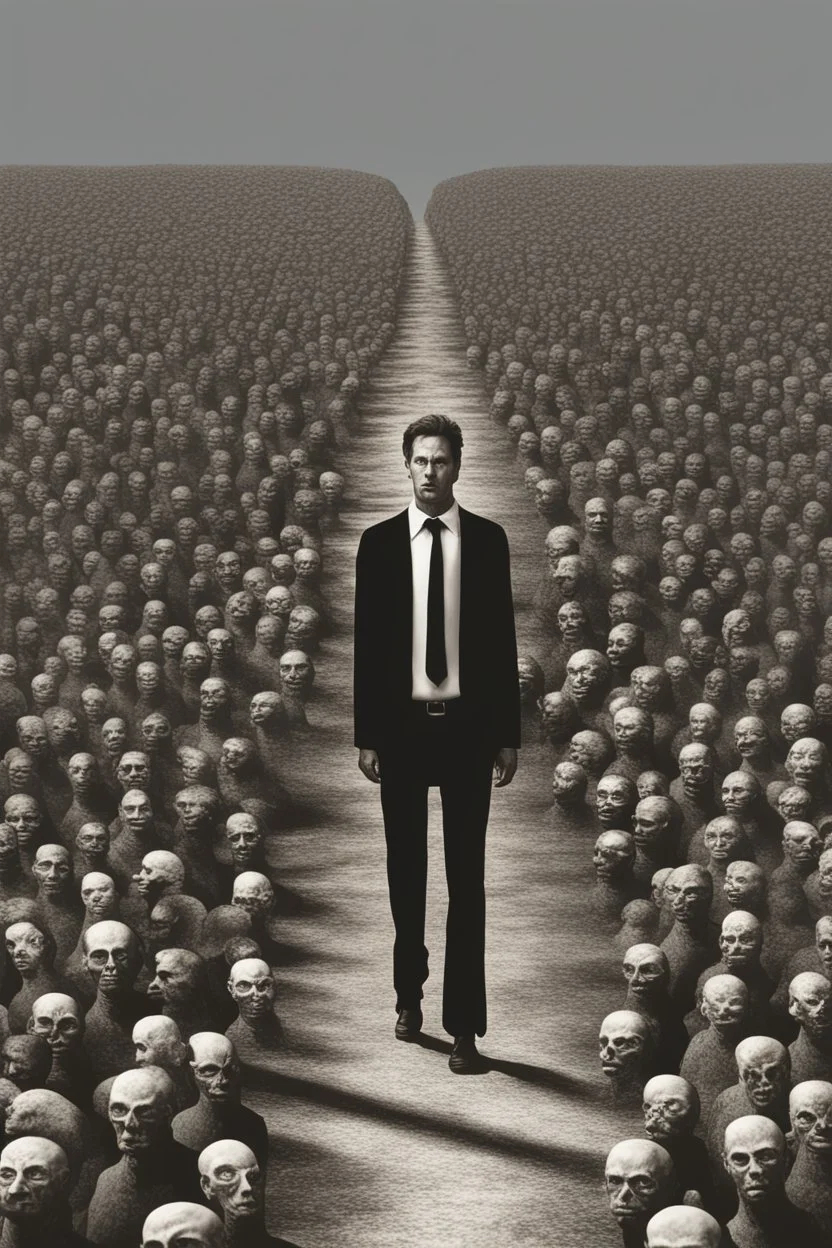 A realistic and high definition picture of a man standing in front of his own path to insanity.