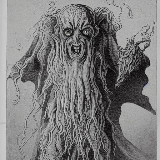 Cthulhu with white skin and a beard made of fleshy tentacles as a Russian Orthodox nosferatu with yellow eyes and vampire fangs and quills on the head