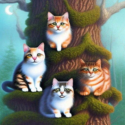 close up on three cats in the tree in magical forest, fantasy book cover art