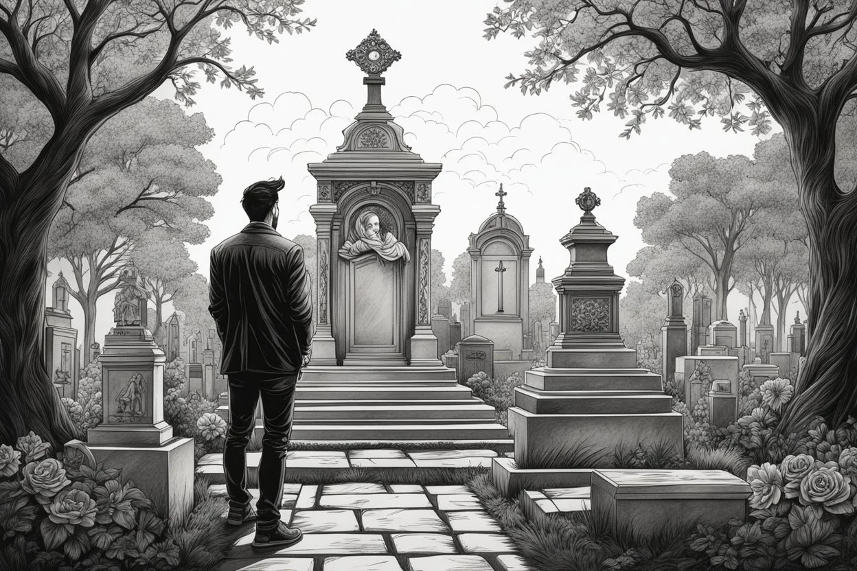 Man standing a front of his mom grave in Cemetery in 8k tattoo drawing style, out of the Frame, intricate details, highly detailed, high details, detailed portrait, masterpiece,ultra detailed, ultra quality