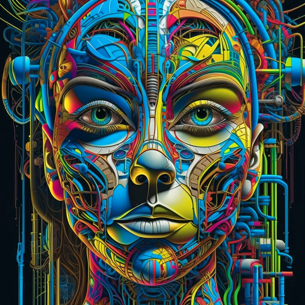 high quality illustration of a front complex woman face head mixed with a chemical plant (detailed eyes, nose, mouth , neck), surreal, visible brain, made of recycled colored objects all around and inside of head, dark industrial interior background , 4k, HDR, UHD, all in focus, clean, no grain, concept art