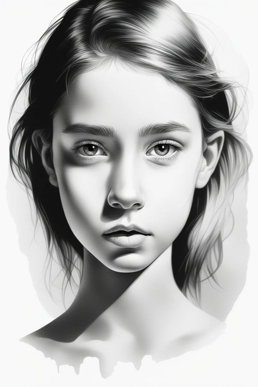 A realistic drawing in negative space black ink on white background of a beautiful front view of a young girl with clear white face, all picture is bright white