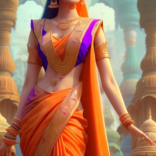 Indian woman in sari in an orange and violet landsacape with multicolored crystals falling from the sky, full of details, smooth, bright sunshine，soft light atmosphere, light effect，vaporwave colorful, concept art, smooth, extremely sharp detail, finely tuned detail, ultra high definition, 8 k, unreal engine 5, ultra sharp focus