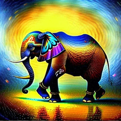 Dibujo al oleo de un elefante indio pintado con muchas nubes de colores estilo Vincent van Gogh