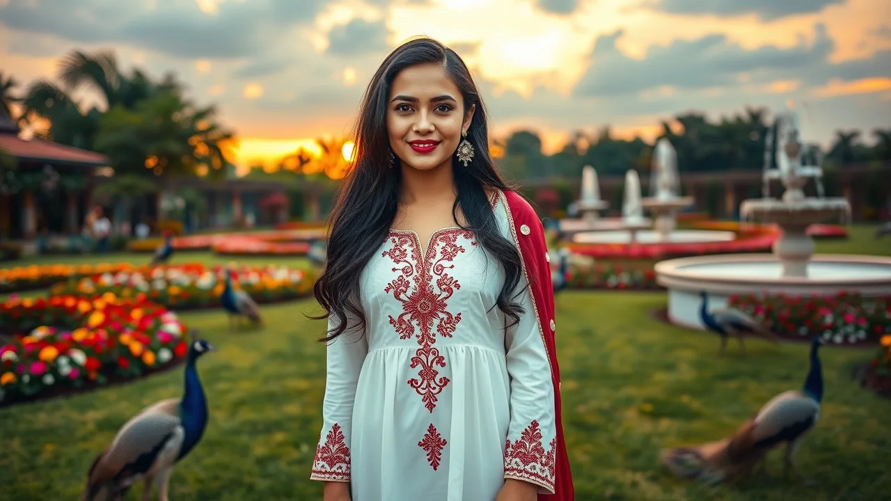 Hyper Realistic Photographic View Of A Beautiful Pashto Woman (With Beautiful Eyes Lips & Nose, & Long Black Hair; Wearing White Frock With Maroon Embroidery & Maroon Dupatta With White Embroidery) Happily Standing & Smiling In A Beautiful Colorful Flower Garden With Fancy Stone Water Fountains & Peacocks Walking On The Grass Around Her At Beautiful Cloudy Sunset Showing Dramatic & Cinematic Ambiance.