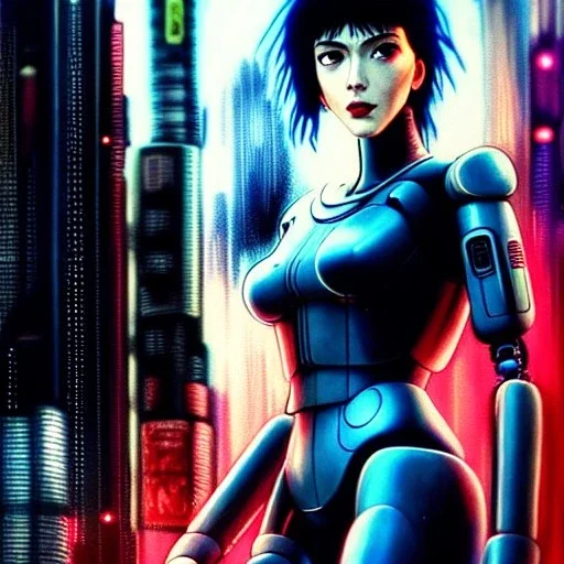 fullbody portrait in oil on canvas ,beautiful female robot, ominous, intense stare, sad eyes, post-apocalyptic in a cyberpunk city, ghost in the shell, Akira, BladeRunner movie poster, Flying car, masterpiece, realistic, intricate detail, sci-fi fantasy style, volumetric lighting, particles, highly detailed ,cinamatic , deep colours,8k, by Kaare Andrews and caravaggio, signed YAK