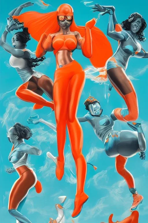 Miami Dolphins-themed beautiful perfect female superheroine orange and teal skin-tight costume CopticArt Afrofuturism Reisha Perlmutter Leng Jun Stan Lee Joseph Ducreux Kehinde Wiley Boris Vallejo Jeff Koons photorealistic portrait painting street art 64 megapixels Pixar, Disney 3d digital art, Maya 3D, ZBrush 3D shading dynamic lighting iridescent