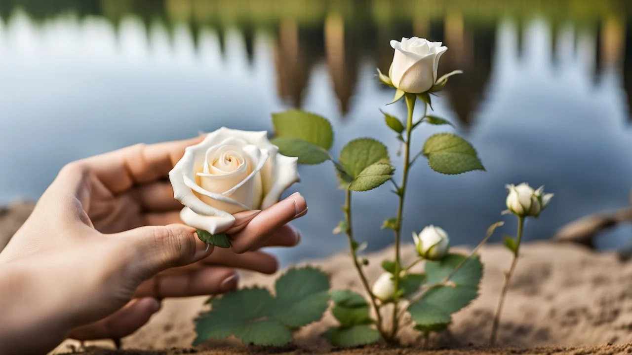 a young woman's perfect hand planted a white rose stem in the ground, in the background a lake, some green trees, ultra detailed, sharp focus, perfect hands with five fingers, perfect photo