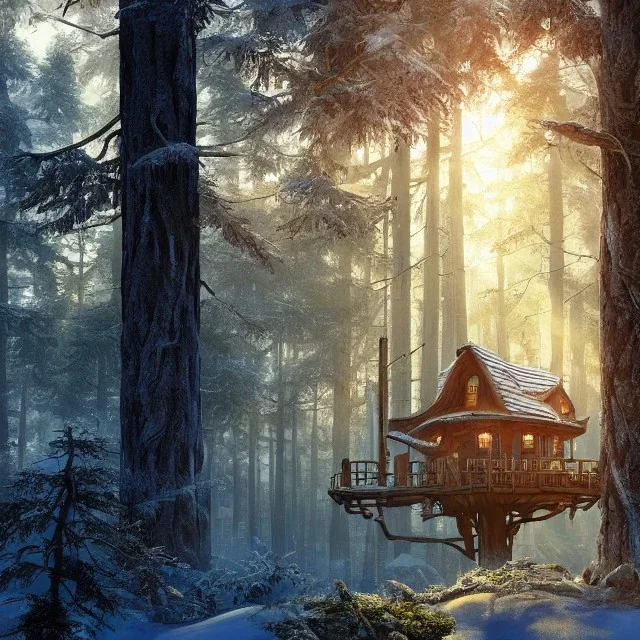 stunning, beautiful treehouse in winter, massive tree, forest, mist, rays of sun, 8k resolution, fine detail, dynamic lighting, fantasy, illustrative, detailed matte painting, sharp focus, greg rutowsky and alphonso mucha