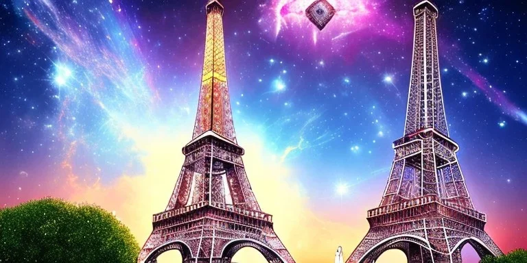 Eiffel tower made from diamonds . nebula in sky . flying automobiles passing by.