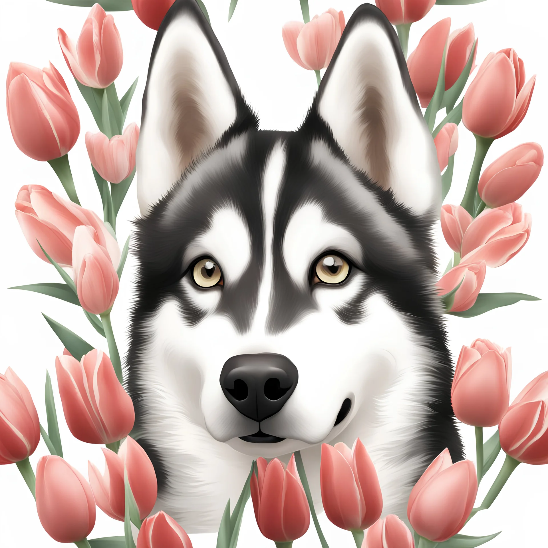 Generate an image of a husky with brown eyes gifting a bouquet of tulips, ultra-realistic.