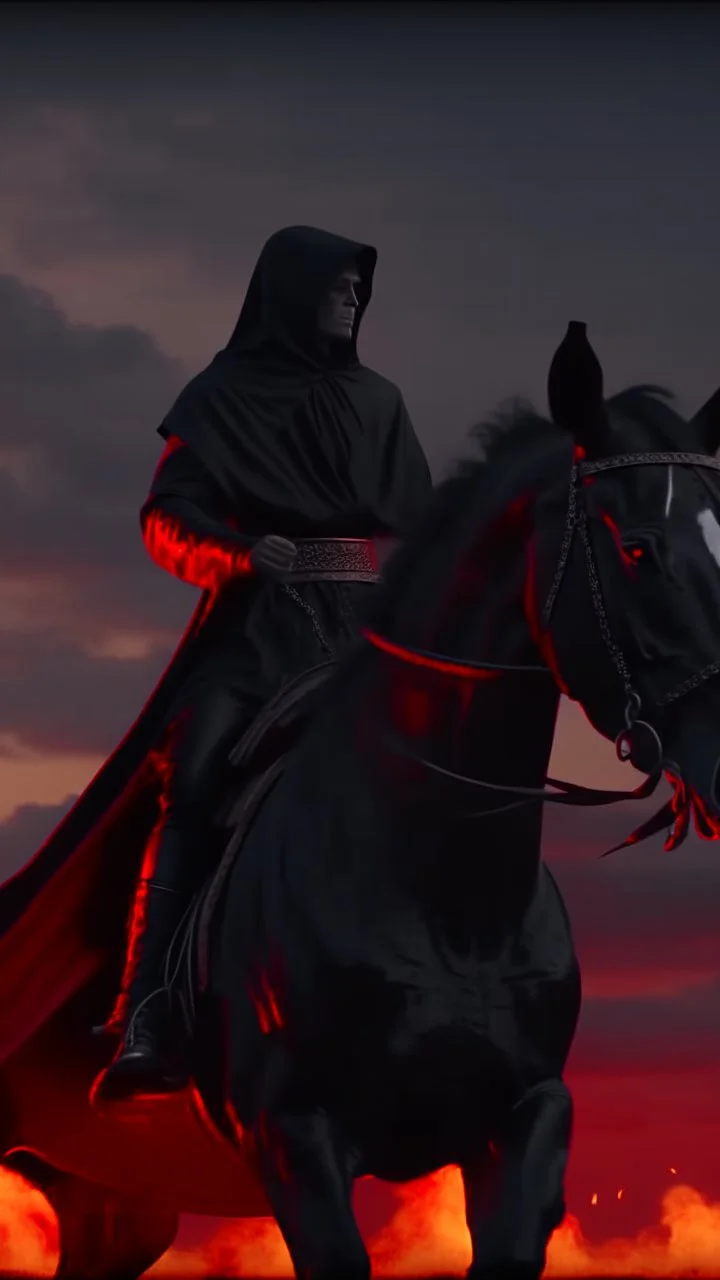 A black hooded with cane horse man , and a woman in the back holding , both on a black wild horse ,escaping and jumping on fire ,red clouds in the sky with storm and cinematic scene 4k