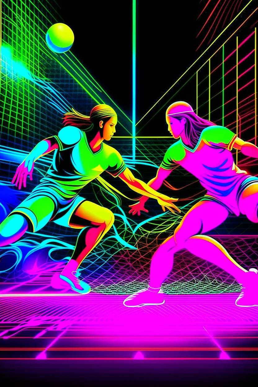 Two players in neon headbands and 80s sportswear diving for a shot in a brightly lit racquetball court. Style: Neon Art, Mood: Energetic and Futuristic (for its time), Lighting: Glowing neon fixtures, T-shirt design graphic, vector, contour, white background.