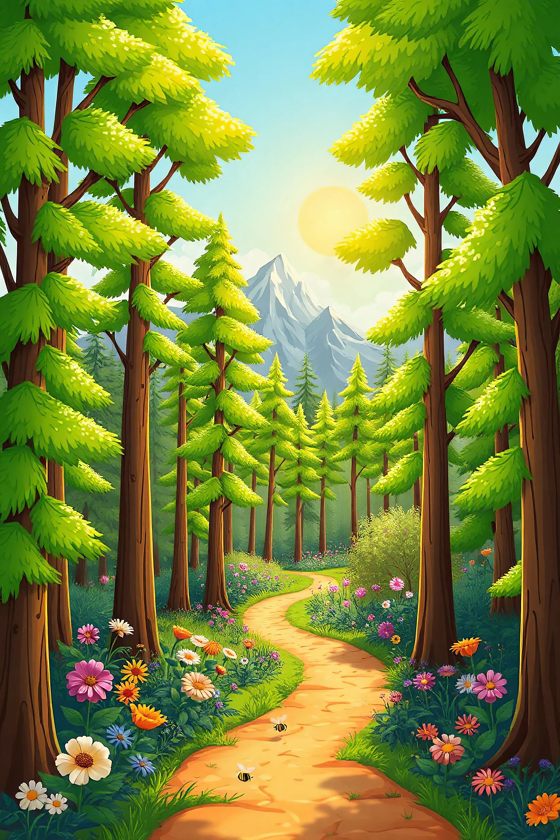 "A cheerful, cartoon-themed forest with a charming pathway winding through it. Tall trees line both sides of the path, their vibrant green leaves shimmering in the sunlight. The sun shines brightly, casting warm rays onto the forest floor. Bees buzz happily around the flowers and trees, making the forest their lively home. In the background, majestic mountains rise, adding a beautiful natural backdrop to the peaceful, colorful scene."