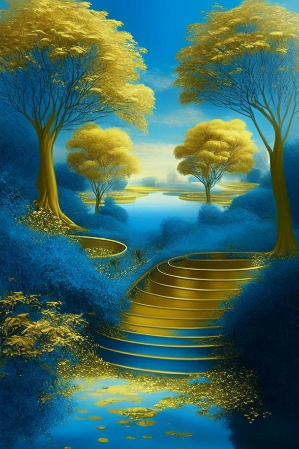 garden sky field trees river pools gold gold blue stairs