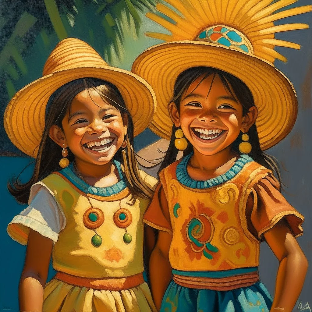 2 mexican childeren smile painting neoclassism whole body zoom the sun