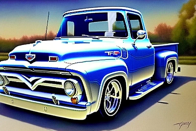 a true-to-life 1956 ford f100, classic wheels, centered, intricate, extreme detailed, photorealism, center view, suburb background, pivot on ford, pen and color marker, painting by cheryl kelley