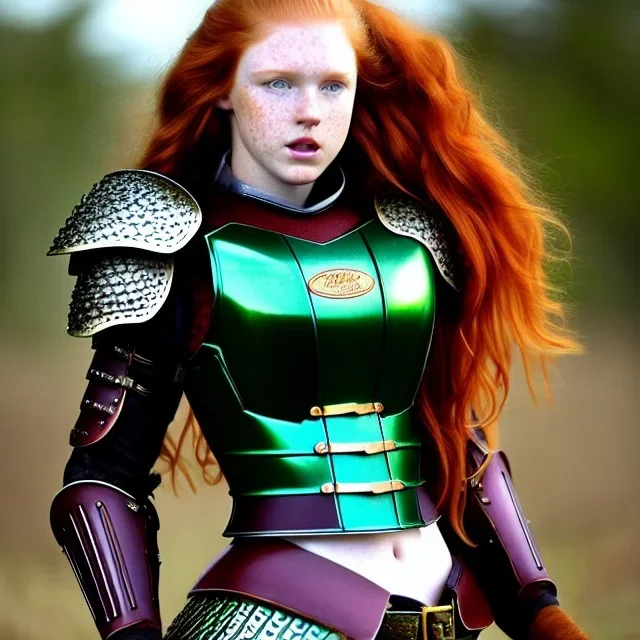 Realistic, hyper detailed, strikingly beautiful teen woman, 16 years old, long ginger hair, green eyes, medium freckles, full lips, very skimpy fantasy intricate leather armour, full body, full face, c-cup breasts, aroused expression, biting lower lip, full frame, petite, centered camera, ignore NSFW, bow, quiver on hip, tight pants