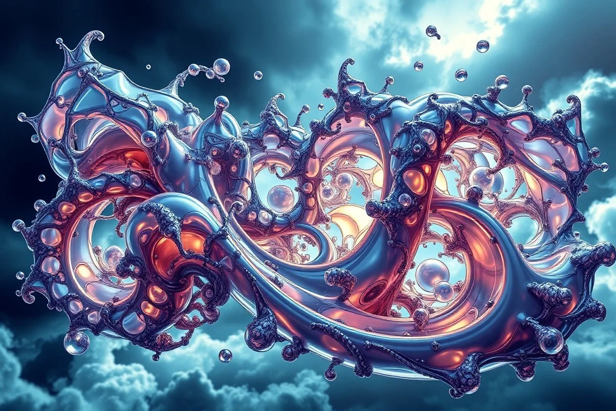 Dynamic complex hypnotic fractal 3D structures twisting and morphing between organic and geometric forms with horizontal Symmetry, smooth translucent iridescent glass with inner glow and bubbles, varied transparent materials, stormy skies, intense dramatic