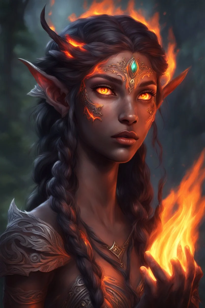 Fire Eladrin druid female. Hair is long and bright black part glows. Part of hair is braided and fire comes out from it. Big bright red eyes. Is generating fire with her hands . Skin color is dark. Has a big deep scar on face. Is making fire from hands