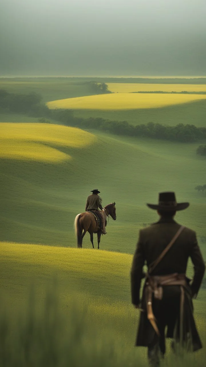 A lonely cowboy in the grassland, a foggy day film in the Wong Kar Wai style, foreground blur, distant view in the style of Wu Chen and George Hopper, Rembrandt lighting, a dark green and yellow color scheme, ethereal light. --ar 13:16 --v 6. 0