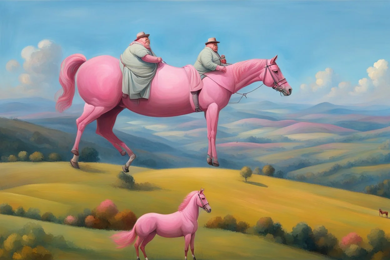 a big fat man sitting on a pink horse in hills like a 19th painting