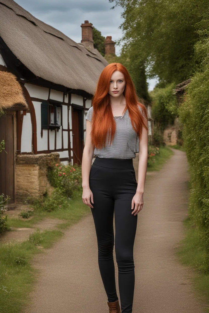 Full body and headshot of a slim young woman with long straight red hair, standing in front of a row of cottages and shops with thatched roofs