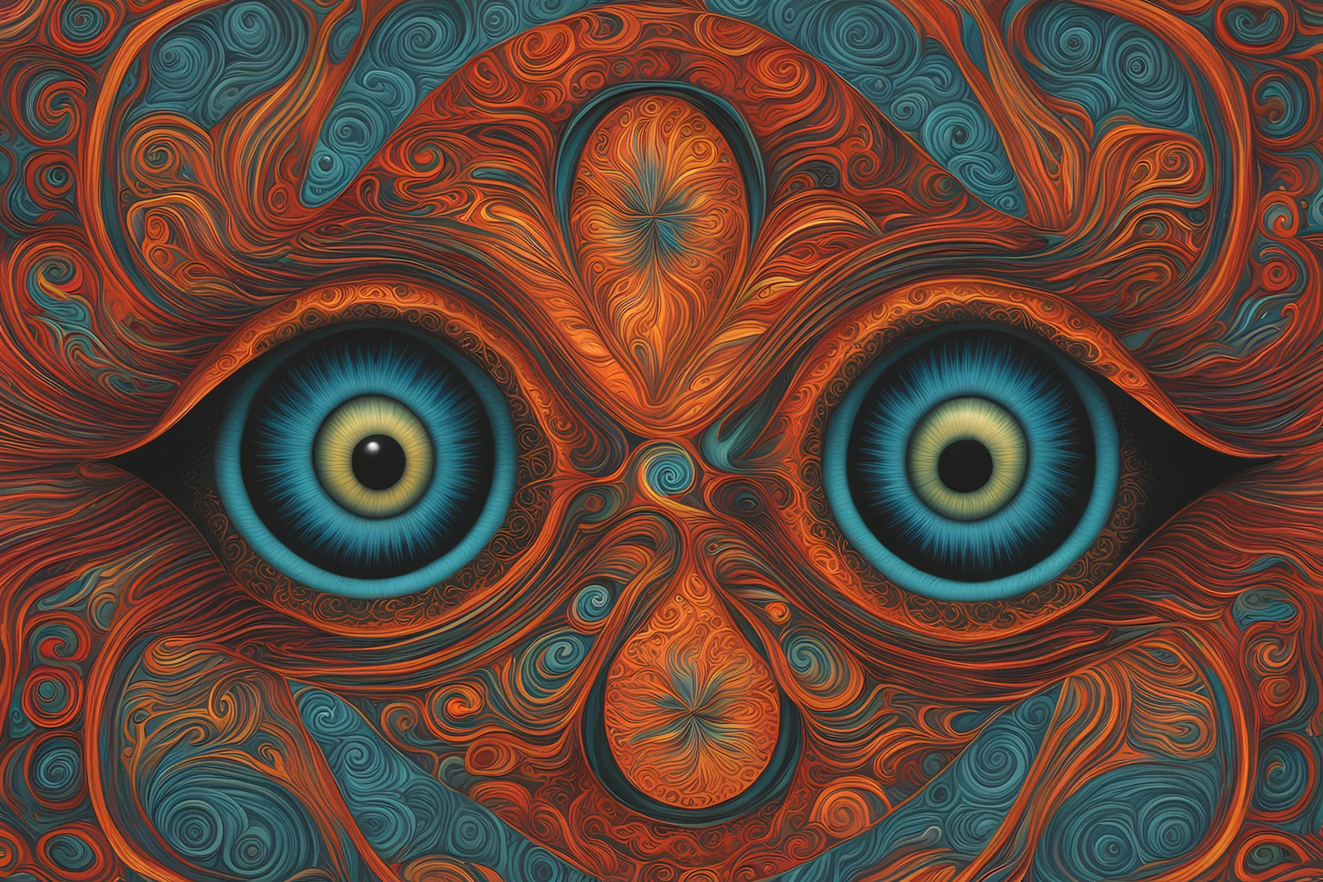 psychedelic gallery of eyes in teal, orange, and red colors in the illustrated style of Alex Grey