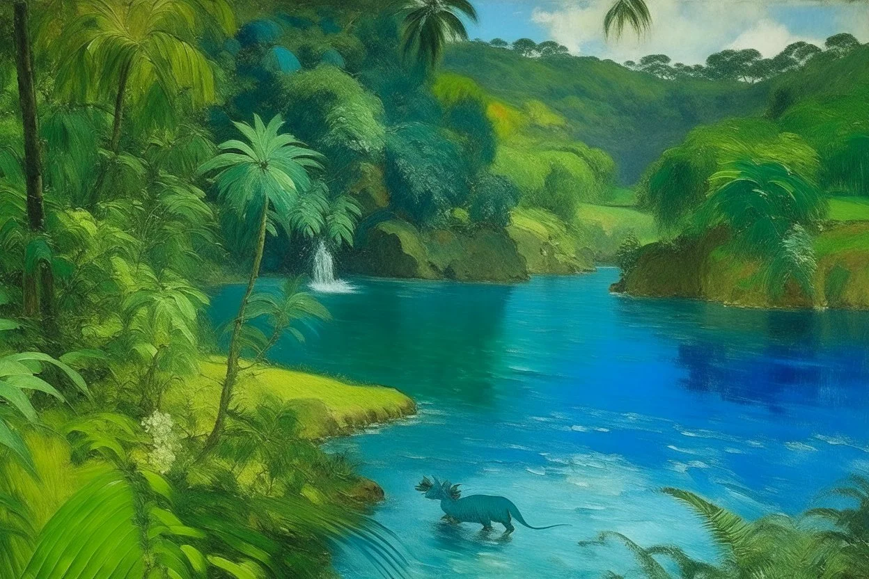 A blue watery coast with water dragons near a rainforest painted by Paul Gauguin