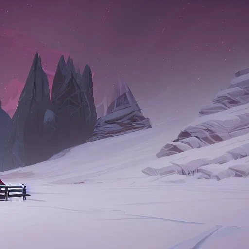 "Create an image of a tranquil mountain landscape covered in a blanket of snow. Include a cozy log cabin with smoke gently rising from its chimney and a clear, starry night sky overhead."and pink."