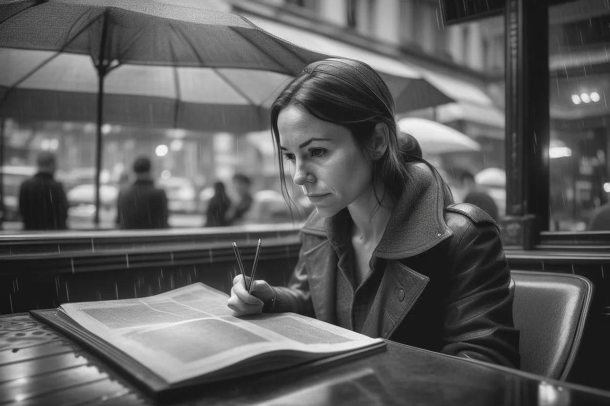 Woman reading in a cafe, while it rains on the city street, real photography, photojournalism, 16K, shot with a 35mm Leica camera, black and white photography with vintage tones