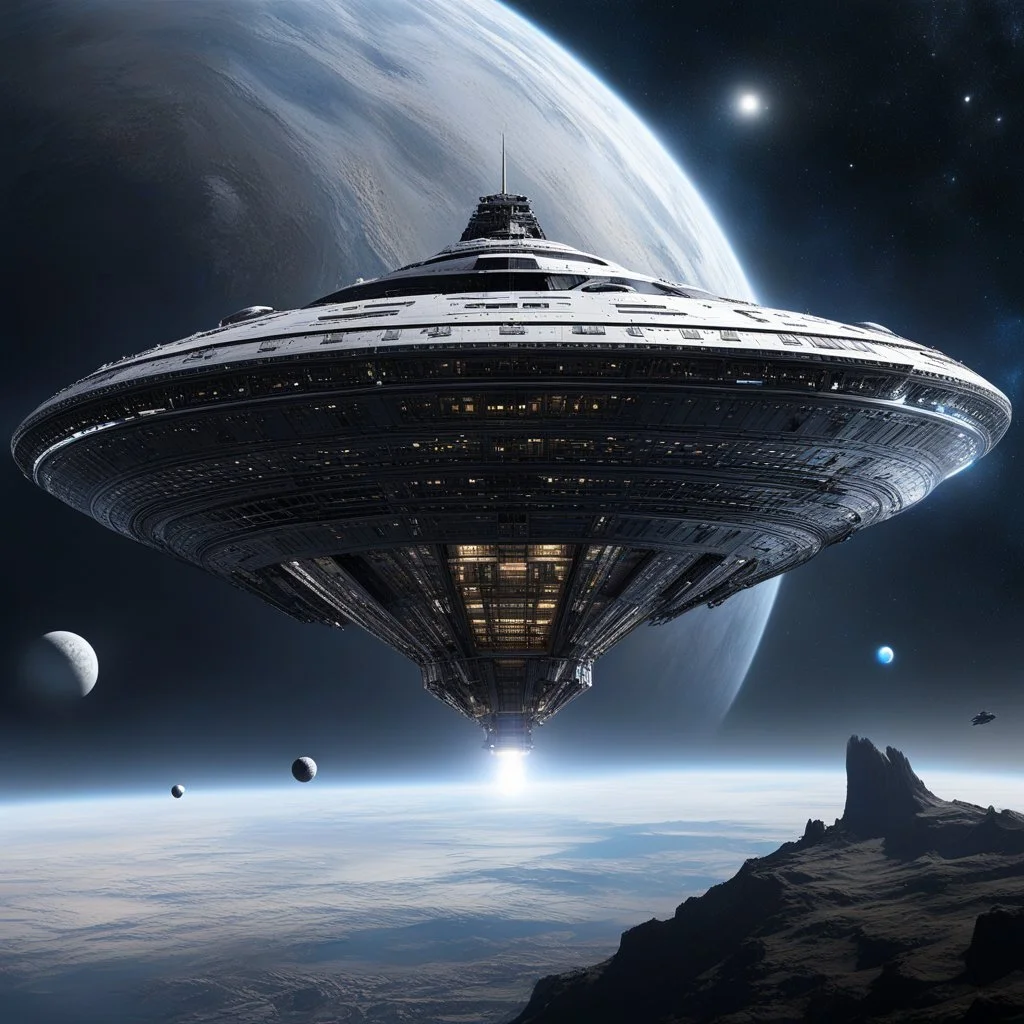 a colossal titanic spaceship gracefully navigating the vast expanse of space, looming close to a large grey planet. The massive vessel, adorned with sleek metallic hulls and intricate technological marvels, exudes a sense of awe-inspiring grandeur as it glides through the cosmic void. Against the backdrop of the imposing grey planet, the spaceship appears as a behemoth