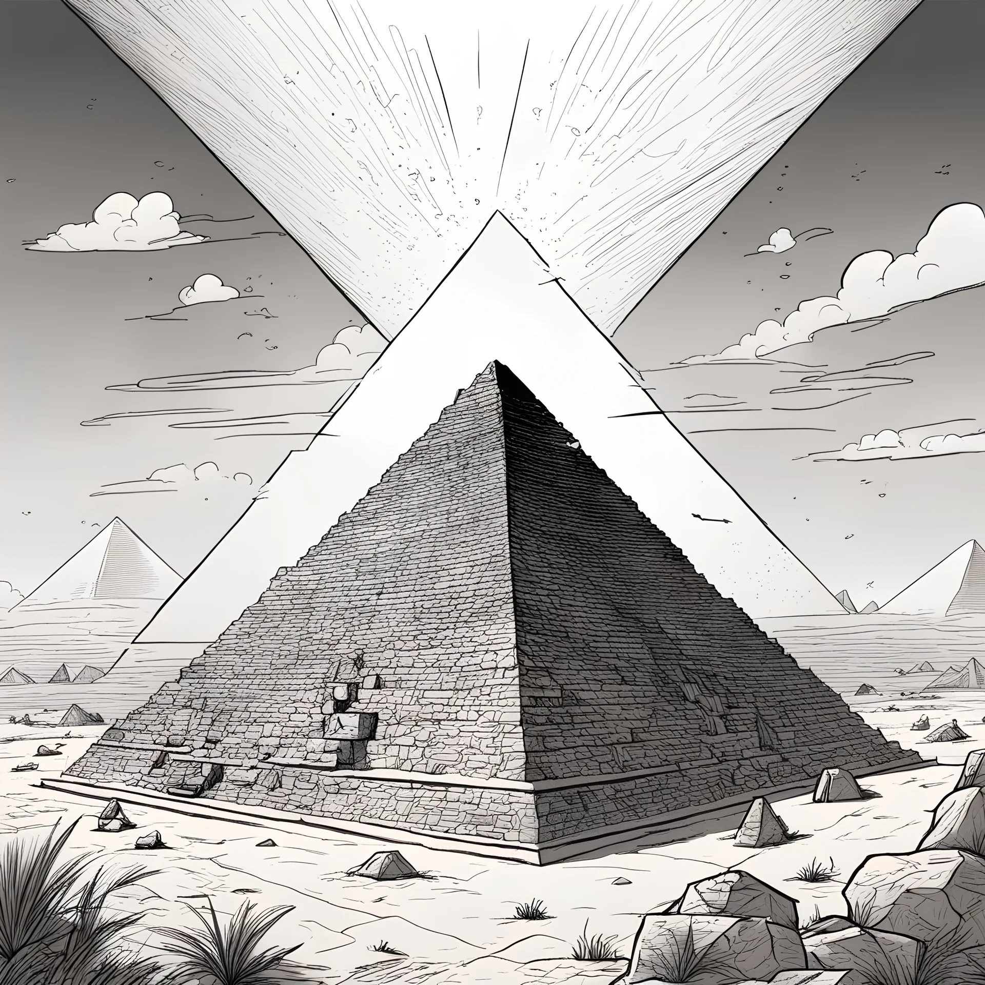 a giza pyramids inking comic art worm-eye view
