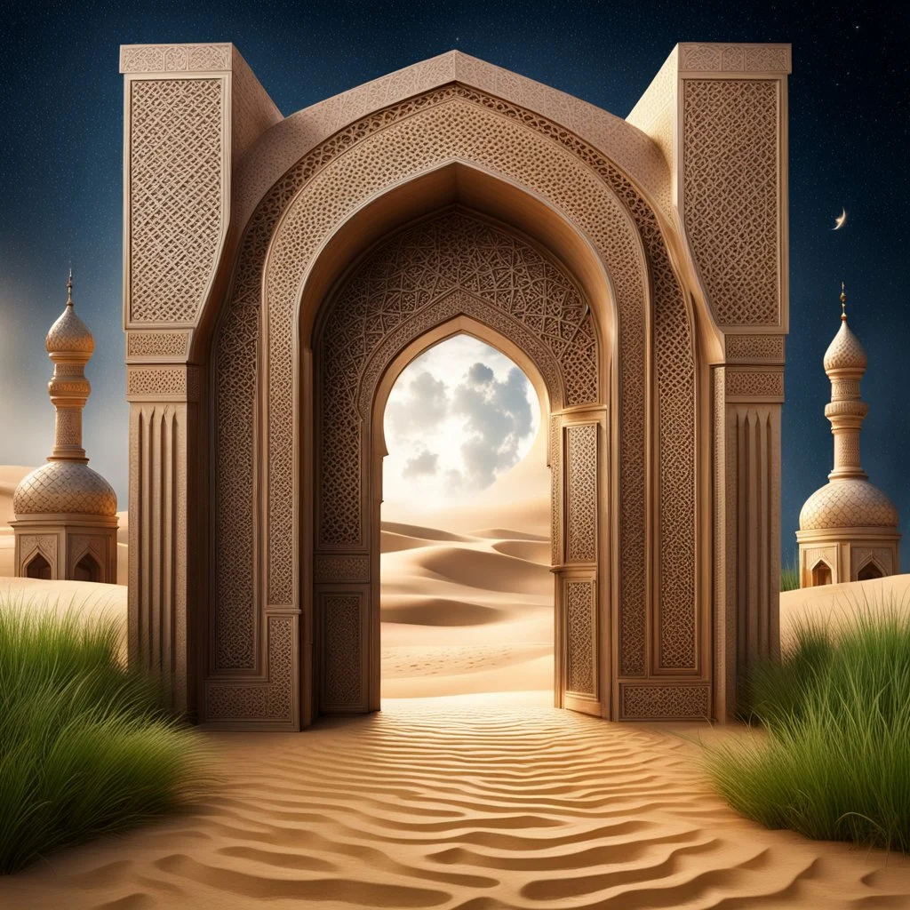 Hyper Realistic Photographic-Center-View of Detailed-Crafted-Islamic-Architectural-Arche-&-Door with stars & a-half-moon with grass-patches-whirling-on-sand-land showing dramatic & cinematic ambiance.